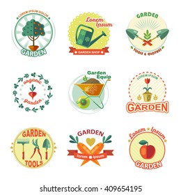 Garden icon set in the form of labels posters or stickers in shape of circles of different styles with place for slogan vector illustration