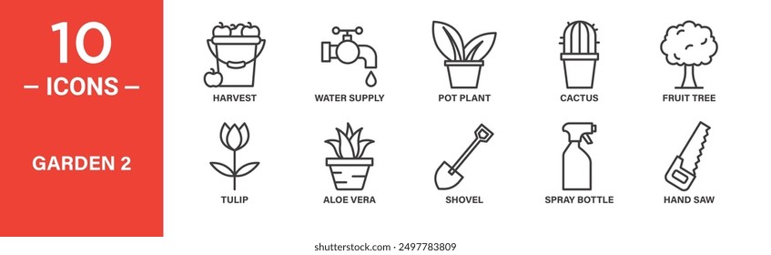 Garden icon set. Harvest, water supply, pot plant, cactus, fruit tree, icons. Outlined icon collection. Vector illustration.