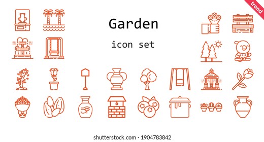 garden icon set. line icon style. garden related icons such as veranda, flowers, fountain, bench, seeds, blueberries, tree, shovel, bouquet, vase, trees, palm tree, swing, pot, plant, well, rose