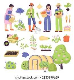 Garden icon set seedlings wheelbarrow with plants crops greenhouses people who take care of the garden vector illustration