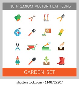 Garden icon set. Spade, rake, hose, sprout, watering can, tools. Gardening concept. Can be used for topics like planting, horticulture, outdoor activity
