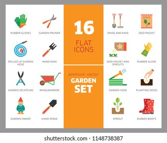 Garden icon set. Spade, rake, hose, sprout, watering can, tools. Gardening concept. Can be used for topics like planting, horticulture, outdoor activity