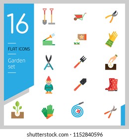 Garden icon set. Spade, rake, hose, sprout, watering can, tools. Gardening concept. Can be used for topics like planting, horticulture, outdoor activity