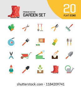 Garden icon set. Spade, rake, hose, sprout, watering can, tools. Gardening concept. Can be used for topics like planting, horticulture, outdoor activity