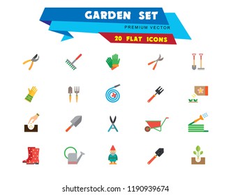 Garden icon set. Spade, rake, hose, sprout, watering can, tools. Gardening concept. Can be used for topics like planting, horticulture, outdoor activity