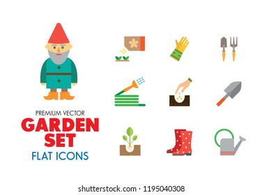 Garden icon set. Spade, rake, hose, sprout, watering can, tools. Gardening concept. Can be used for topics like planting, horticulture, outdoor activity