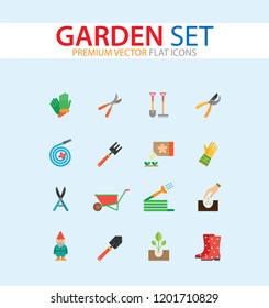 Garden icon set. Spade, rake, hose, sprout, watering can, tools. Gardening concept. Can be used for topics like planting, horticulture, outdoor activity