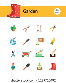 Garden icon set. Spade, rake, hose, sprout, watering can, tools. Gardening concept. Can be used for topics like planting, horticulture, outdoor activity