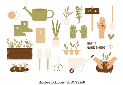 Garden icon set. Set of tools and equipment for gardening. Farm, gardening, agriculture hobby concept. Vector illustration in cartoon style. Isolated on white background.