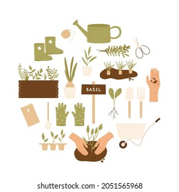 Garden icon set. Set of tools and equipment for gardening. Farm, gardening, agriculture hobby concept. Vector illustration in cartoon style. Isolated on white background.