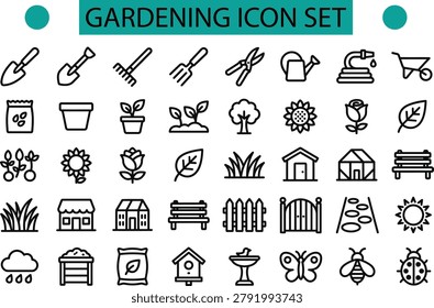 garden icon set with tools, plants, flowers, watering, and yard elements in clean vector style