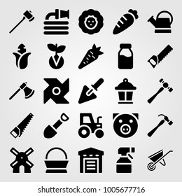 Garden icon set vector. axe, lamp, germination and tractor