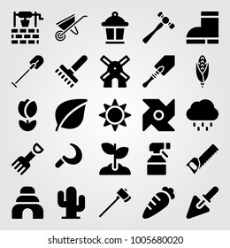 Garden icon set vector. axe, wheelbarrow, fork and trowel