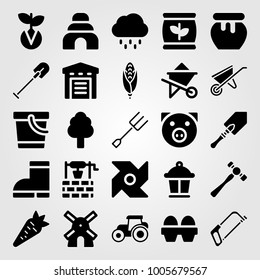 Garden icon set vector. beehive, honey, well and rain