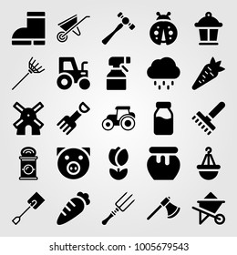 Garden icon set vector. carrot, lamp, rake and tractor