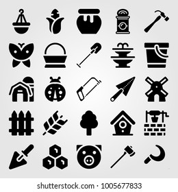 Garden icon set vector. corn, shovel, basket and ladybug