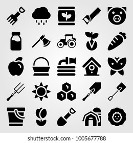 Garden icon set vector. fertilizer, tulip, shovel and rain