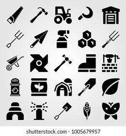 Garden icon set vector. honeycomb, hammer, corn and butterfly
