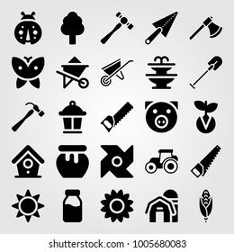 Garden icon set vector. lamp, barn, tractor and butterfly