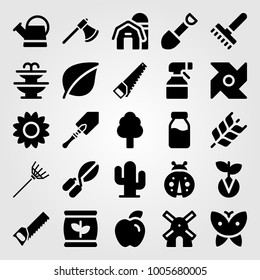 Garden icon set vector. leaf, sun flower, ladybug and tree