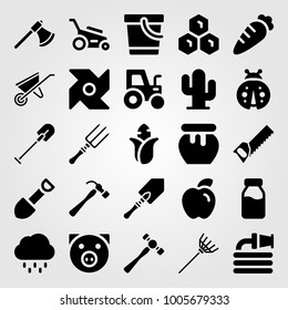 Garden icon set vector. pinwheel, cactus, hammer and lawn mower