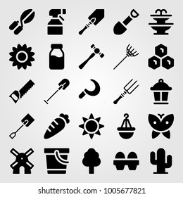 Garden icon set vector. rake, eggs, sprayer and butterfly