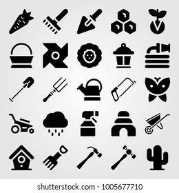 Garden icon set vector. sprayer, carrot, butterfly and wheelbarrow