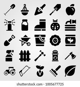 Garden icon set vector. sprayer, germination, hose and apple