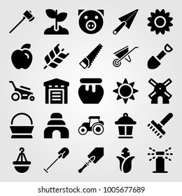 Garden icon set vector. sun, sunflower, pig and lawn mower