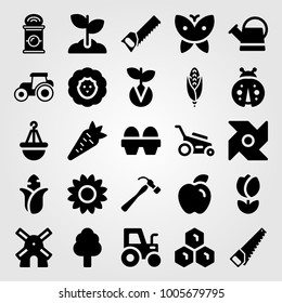 Garden icon set vector. sunflower, tree, handsaw and tractor