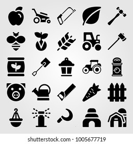 Garden icon set vector. tractor, can, hammer and carrot