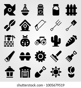 Garden icon set vector. tractor, bird house, well and lamp