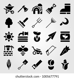 Garden icon set vector. trowel, whelbarrow, fertilizer and tulip