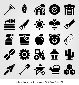 Garden icon set vector. warehouse, watering can, shovel and sun