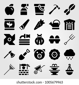 Garden icon set vector. warehouse, pruning shears, pinwheel and wheelbarrow