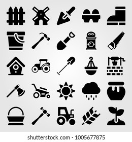 Garden icon set vector. well, honey, windmill and basket