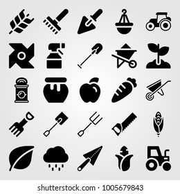 Garden icon set vector. whelbarrow, rake, pinwheel and can