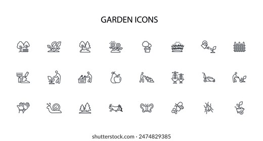 Conjunto de iconos de jardín.Vector.Trazo editable.signo de estilo lineal para utilizar Diseño web,logotipo.Ilustración de símbolo.