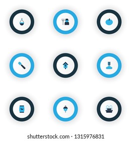 Garden icons colored set with plant seed, scale, light and other cereal elements. Isolated vector illustration garden icons.
