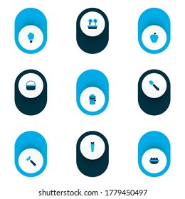 Garden icons colored set with tree, spatula, apple and other bucket elements. Isolated vector illustration garden icons.
