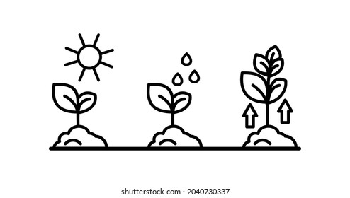 Garden icons. The process of landscaping, watering and plant growth.
