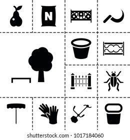 Garden icons. set of 13 editable filled garden icons such as tree and bench, gardening tool, pot for plants, pear, fence, beetle, scythe, bag with ground