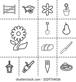 Garden icons. set of 13 editable outline garden icons such as pear, flower, gardening tool, chain saw, wheelbarrow, street lamp, pond, fence, garden bench, shovel