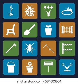 garden icons set. Set of 16 garden filled icons such as beetle, fence, bucket, shovel, scythe, gardening tool, garden hammer, irrigation system, plant in pot, flower pot