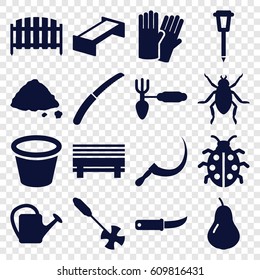Garden icons set. set of 16 garden filled icons such as garden bench, pear, beetle, glove, gardening tool, scythe, gardening knife, watering can, pot for plants, fence