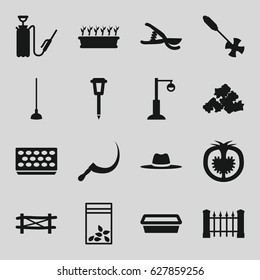 Garden icons set. set of 16 garden filled icons such as fence, mud, gardening tool, hoe, scythe, garden tools, pot for plants, plant in pot, street lamp, harden hose, hat