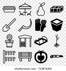 Garden icons set. set of 16 garden filled and outline icons such as garden bench, glove, cutter, pot for plants, greenohuse, tomato, shovel, scythe, irrigation system