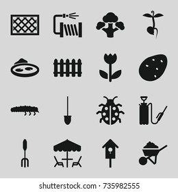 Garden icons set. set of 16 garden filled icons such as potato, construction, pitchfork, shovel, water hose, fence, pond, nesting house, ladybug, caterpillar, harden hose