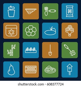Garden icons set. set of 16 garden outline icons such as pear, flower, bamboo, gardening tool, shovel, pot for plants, plant in pot, sprout plants, fence, pond, nesting house