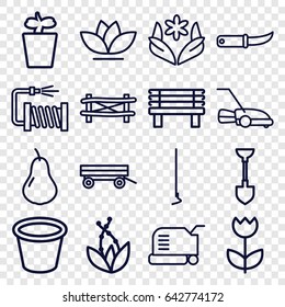 Garden icons set. set of 16 garden outline icons such as fence, pear, barrow, flower, lawn mower, shovel, hoe, gardening knife, water hose, pot for plants, plant in pot, bench
